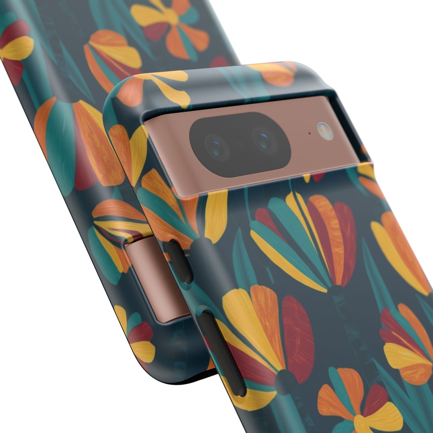 Floral Retro Teal Tough Phone Case — Vibrant Orange & Mustard Blooms