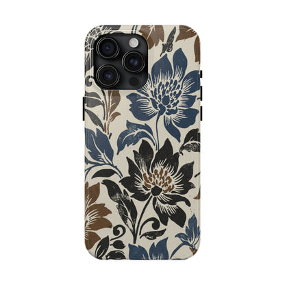 Floral Vintage Tough Phone Case — Blue & Brown Botanical Protection