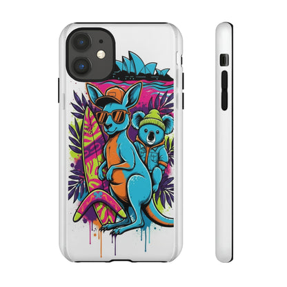 Kangaroo & Koala Surf Phone Case — Retro Neon Beach Art Tough Case