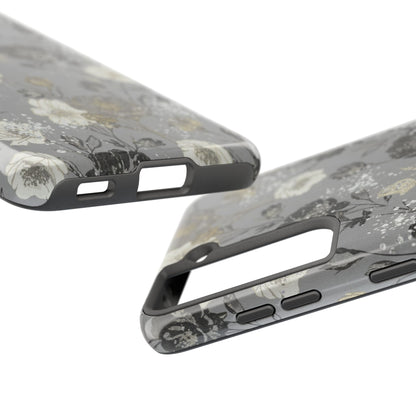 Floral Gray Tough Phone Case — Elegant Protective Phone Cover with Gold Accent