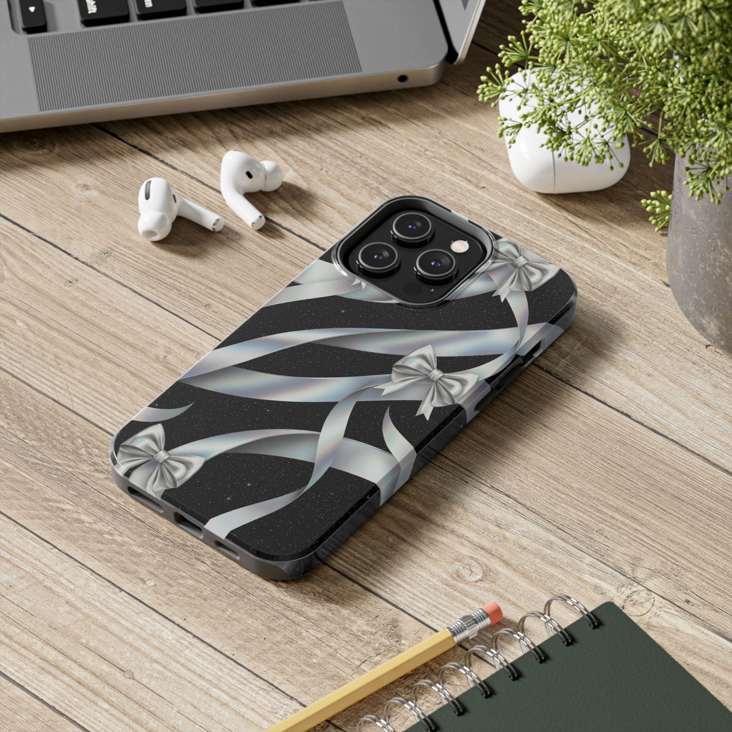 Silver Ribbon Bow Tough Phone Case — Glitter Black Protective Phone Case