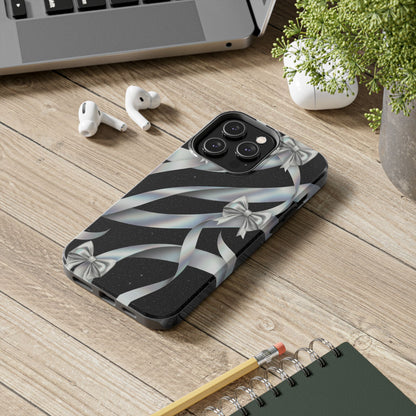 Silver Ribbon Bow Tough Phone Case — Glitter Black Protective Phone Case