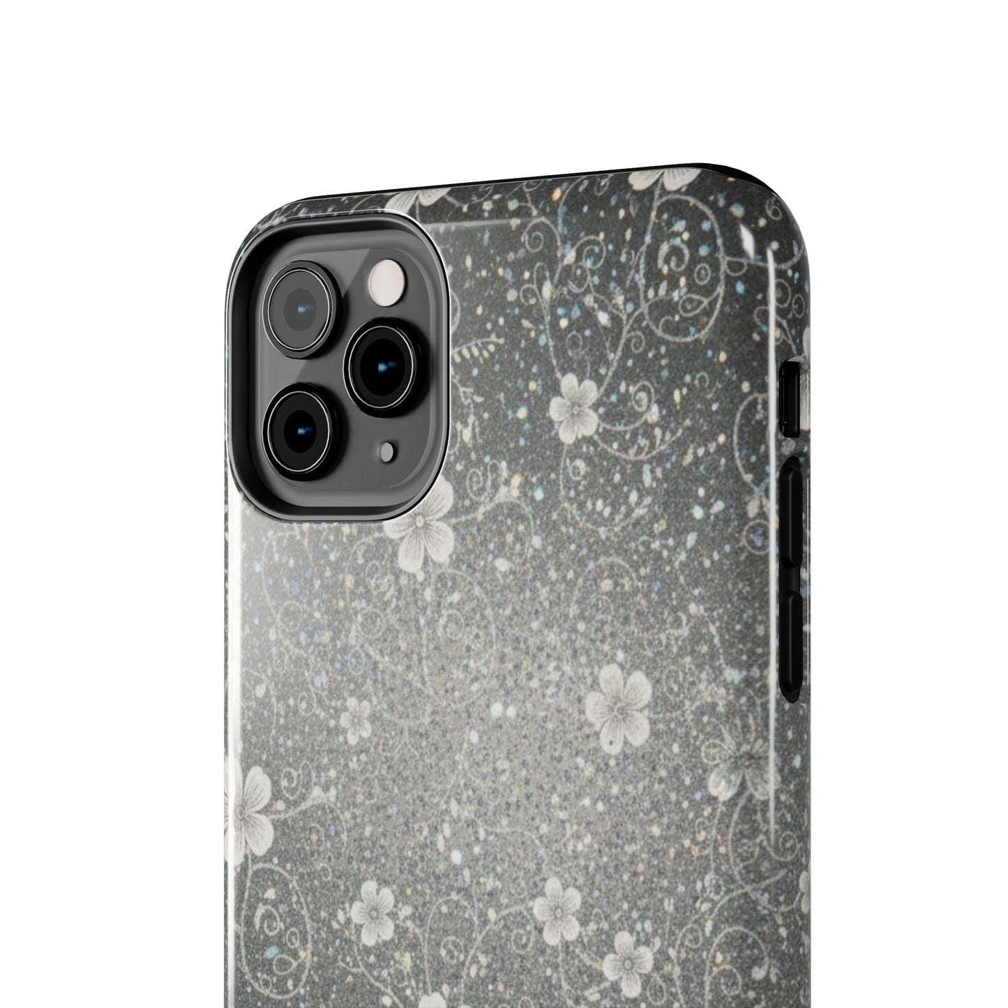Floral Sparkle Tough Phone Case — Black & Silver Vintage Blossom