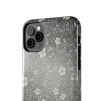 Floral Sparkle Tough Phone Case — Black & Silver Vintage Blossom