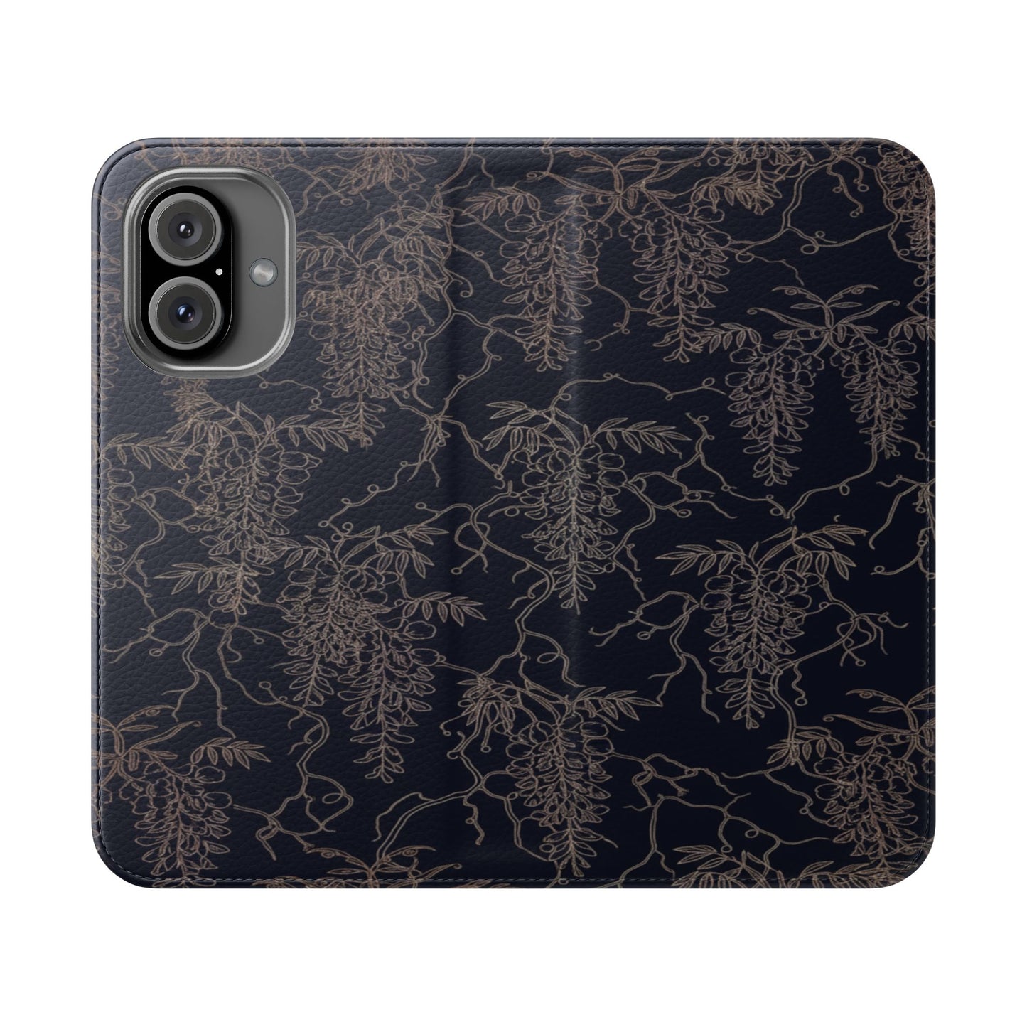 Botanical Noir Flip Phone Case — Dark Floral Wallet Cover with Card Slots