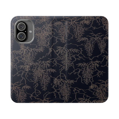 Botanical Noir Flip Phone Case — Dark Floral Wallet Cover with Card Slots