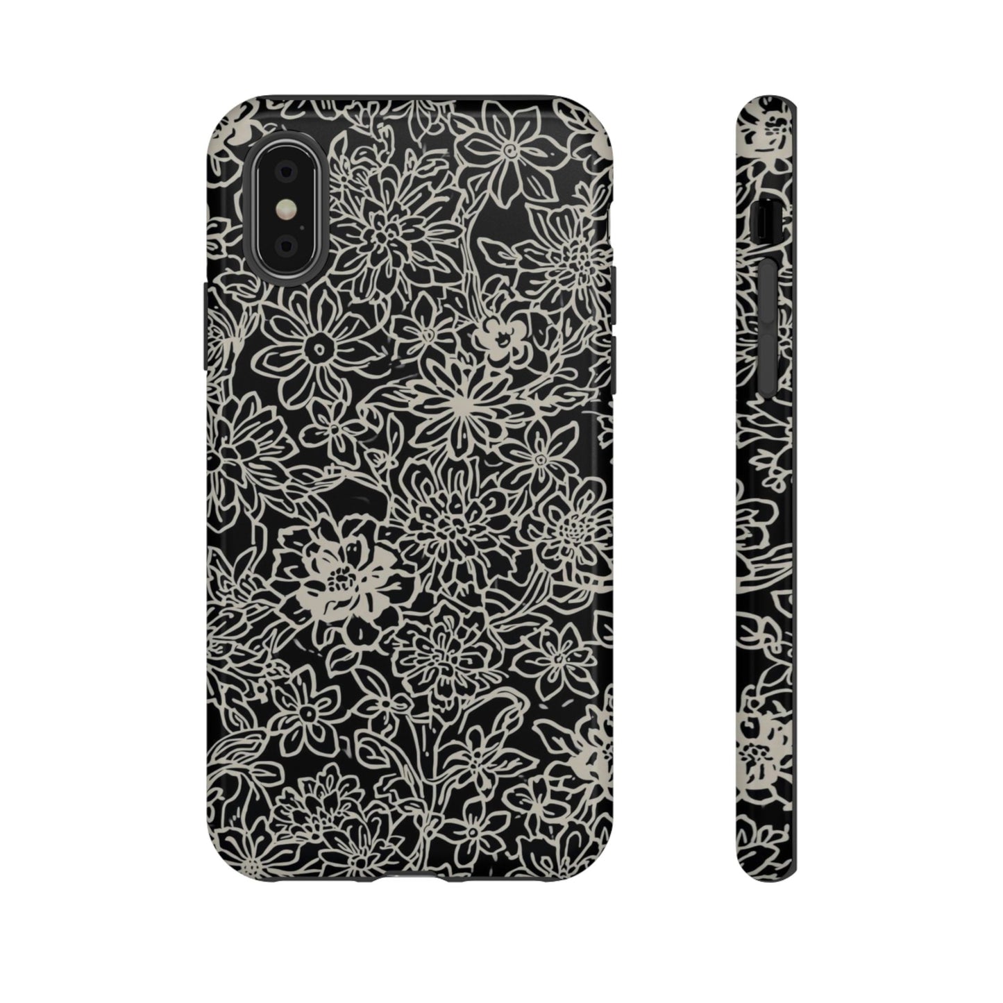 Floral Doodle Tough Phone Case — Black & White Sketch Flower Protective Cover