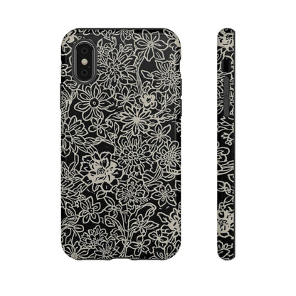 Floral Doodle Tough Phone Case — Black & White Sketch Flower Protective Cover
