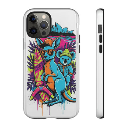 Kangaroo & Koala Surf Phone Case — Retro Neon Beach Art Tough Case