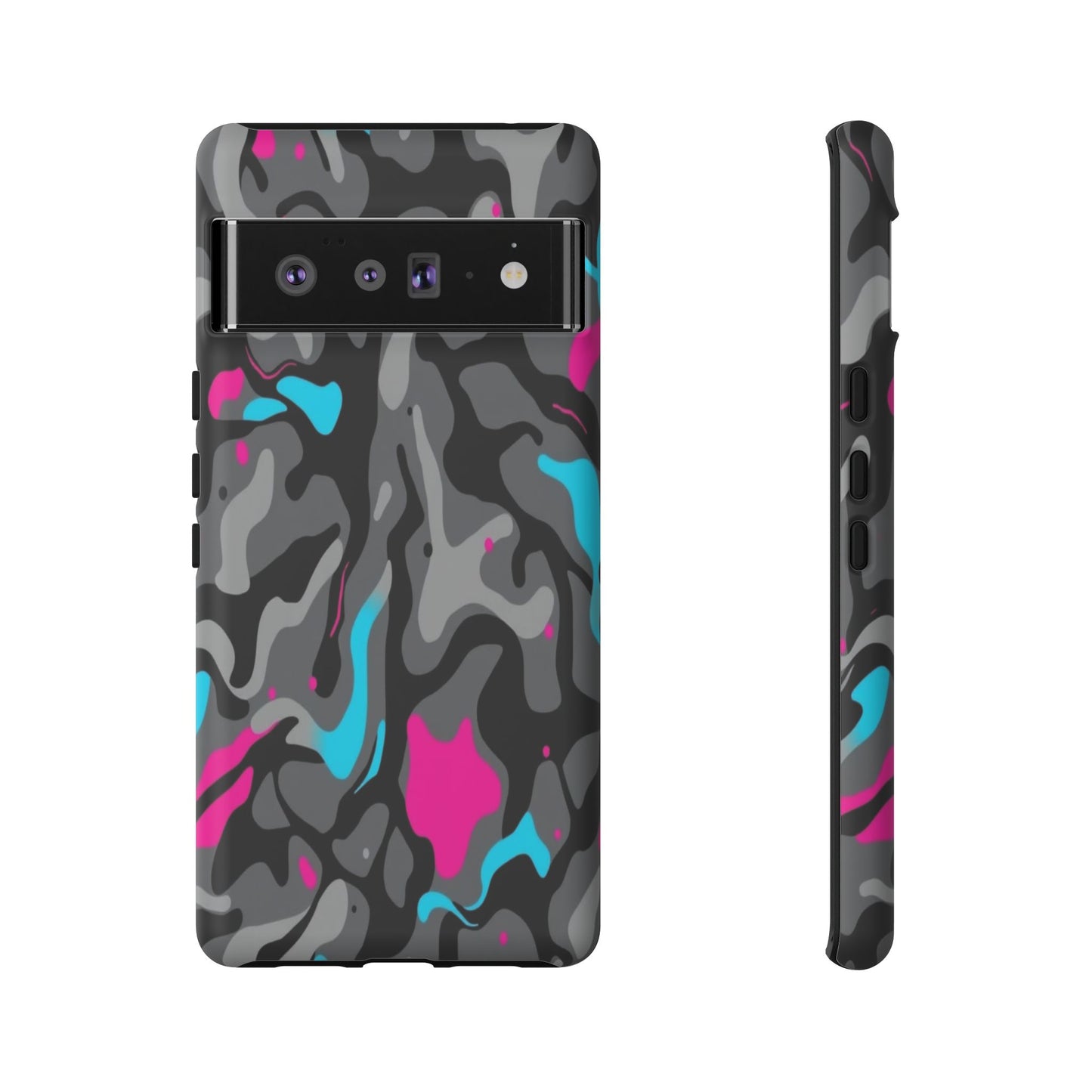 Camouflage Phone Case — Gray Camo with Neon Pink & Cyan Accent Tough Protective Cover