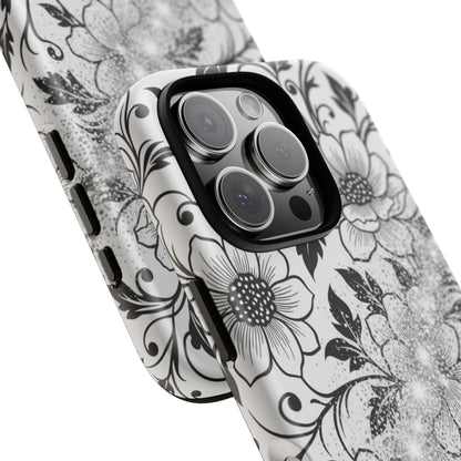 Floral Lace Phone Case — Black & White Vintage Flower Protective Case