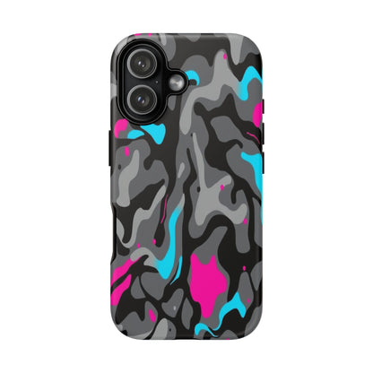 Camouflage Phone Case — Gray Camo with Neon Pink & Cyan Accent Tough Protective Cover