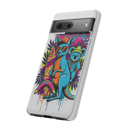 Kangaroo & Koala Surf Phone Case — Retro Neon Beach Art Tough Case
