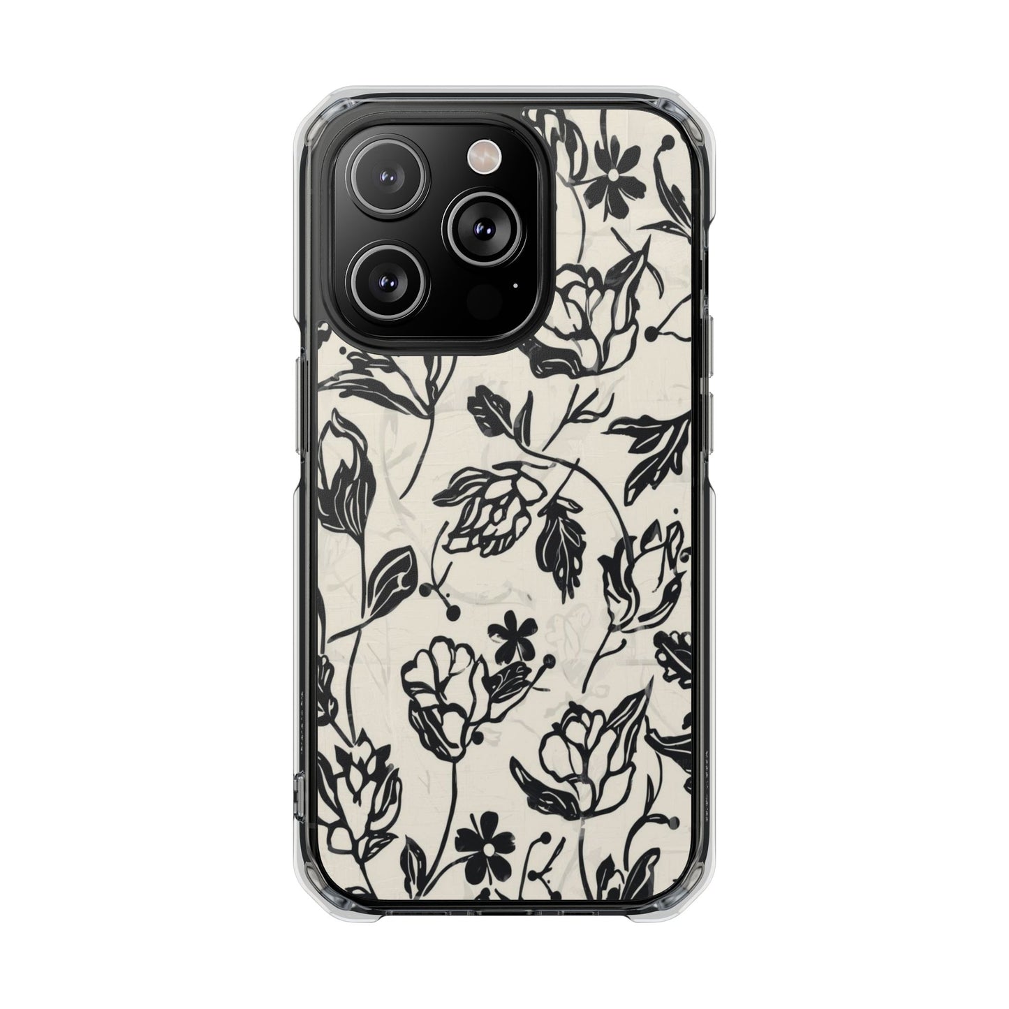 Floral Clear Magnetic Phone Case — Black Sketch Roses