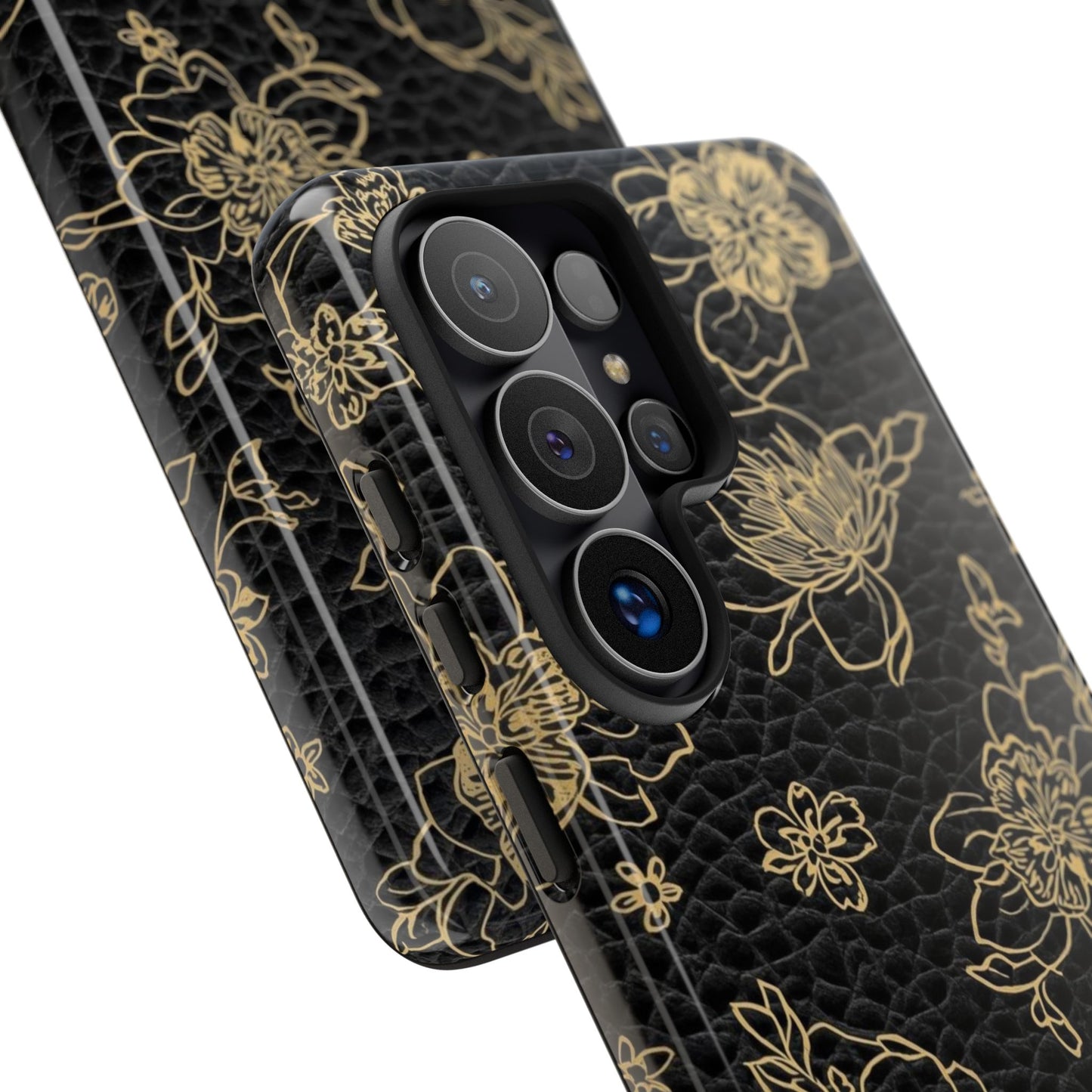 Floral Leather Phone Case — Gold Outline Flowers on Black Tough Case