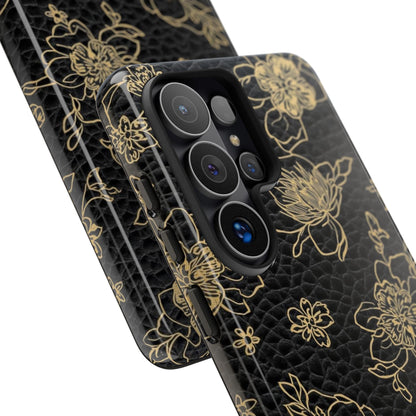 Floral Leather Phone Case — Gold Outline Flowers on Black Tough Case