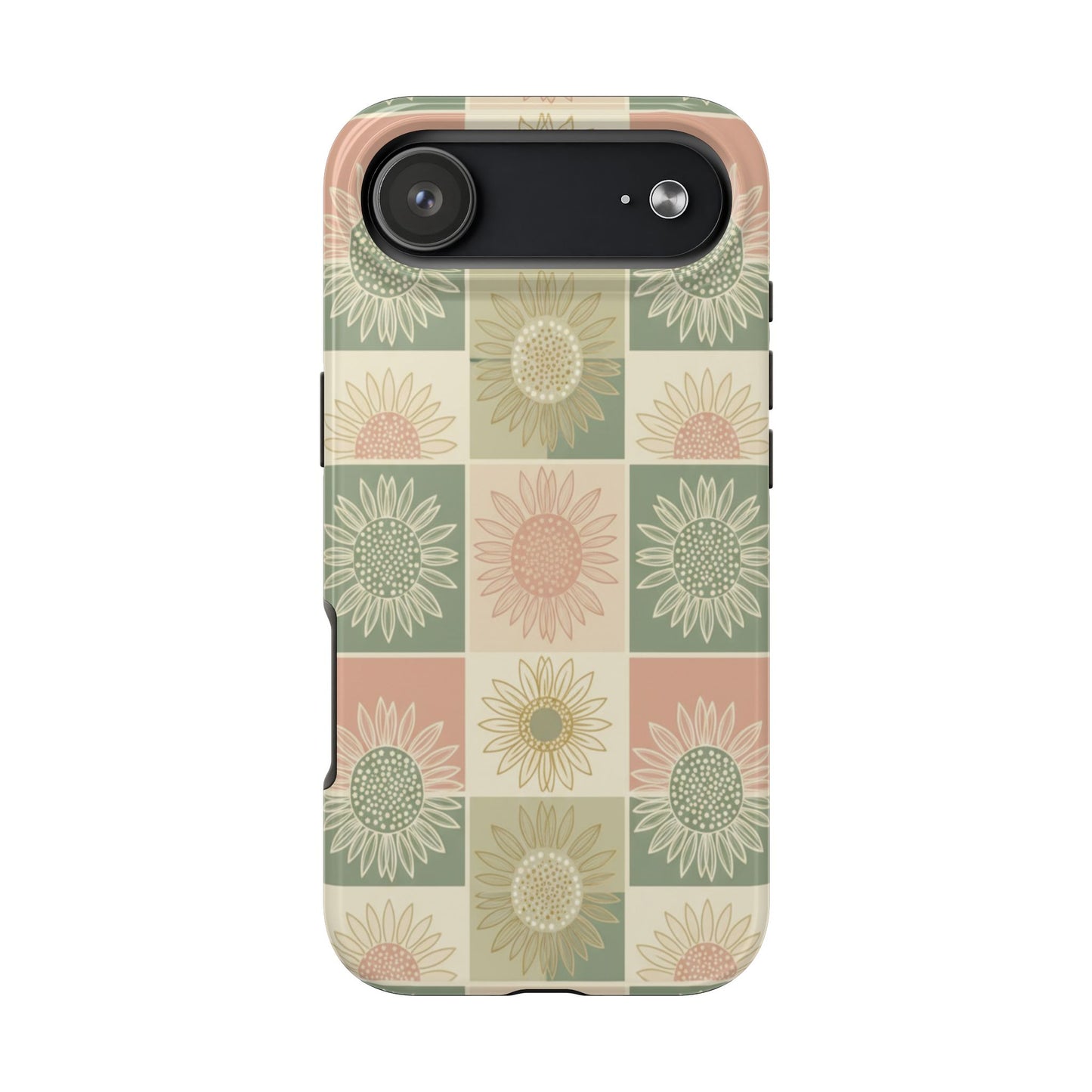 Sunflower Check iPhone Tough Phone Case — Retro Pastel Floral Protective Cover