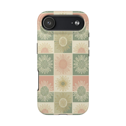 Sunflower Check iPhone Tough Phone Case — Retro Pastel Floral Protective Cover