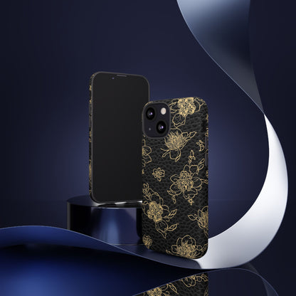 Floral Leather Phone Case — Gold Outline Flowers on Black Tough Case