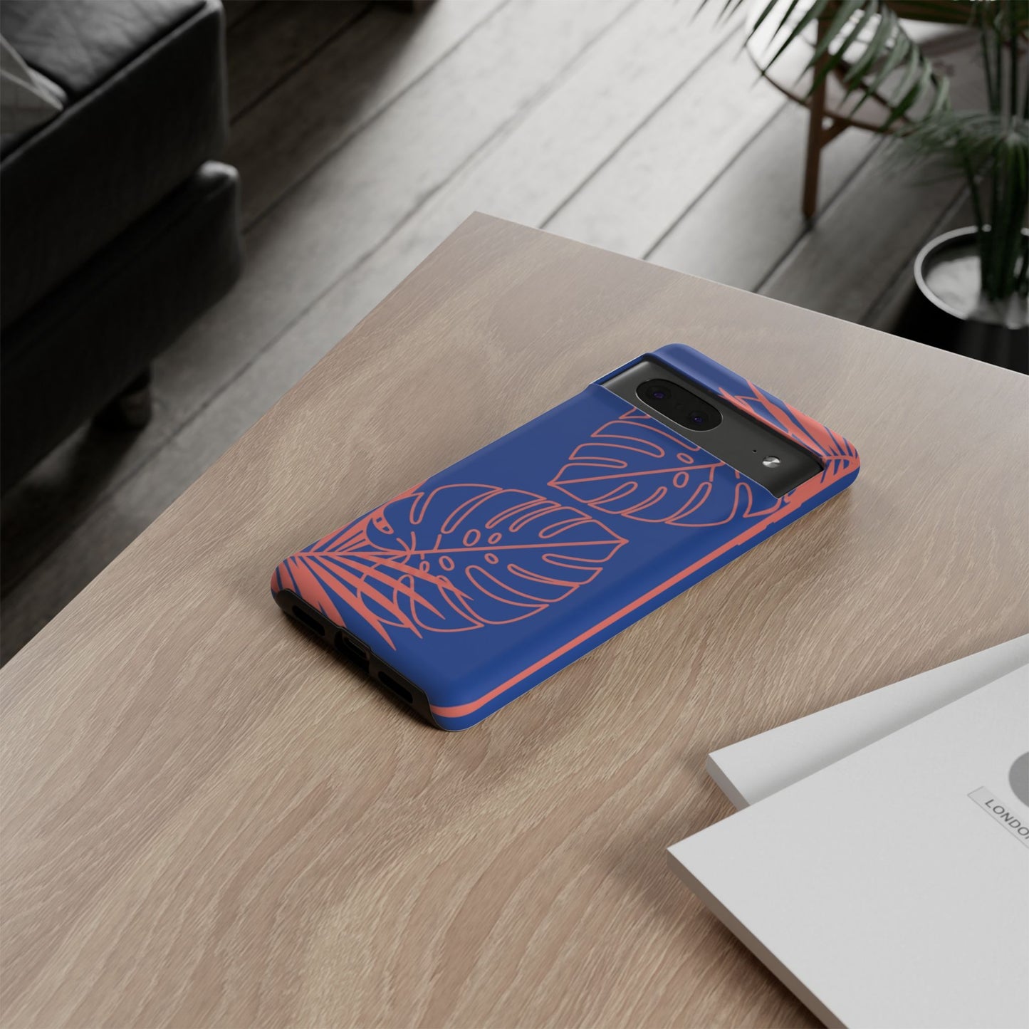 Tropical Monstera Phone Case — Blue & Coral Leaf Protective Cover