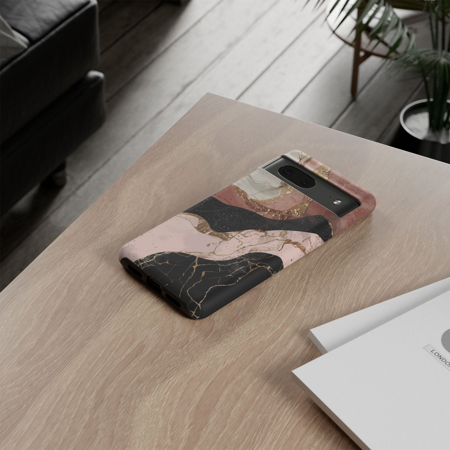 Marbled Rose Gold Phone Case — Abstract Pink & Black Protective Tough Case