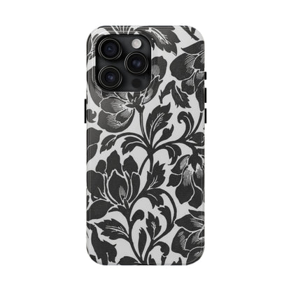 Tough Phone Case — Black & White Vintage Floral Protective Cover