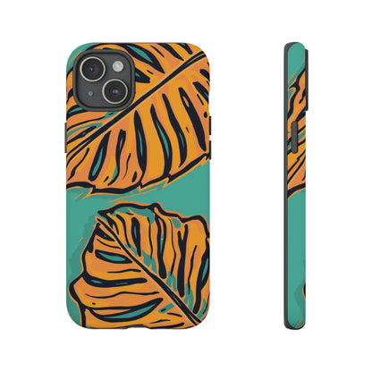 Tropical Leaf Tough Phone Case — Orange Monstera Design on Teal