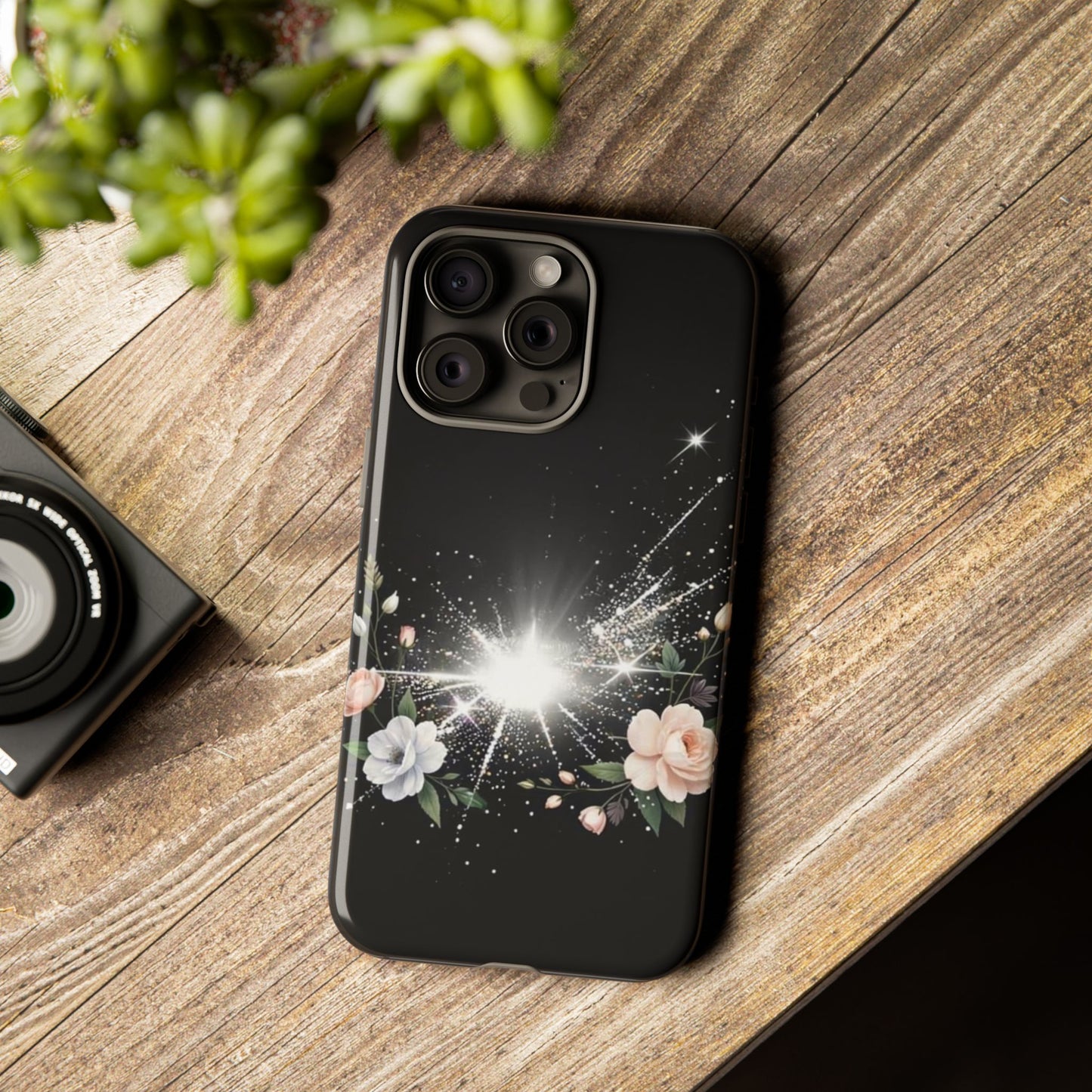 Floral Burst Phone Case — Protective Black Sparkle Design