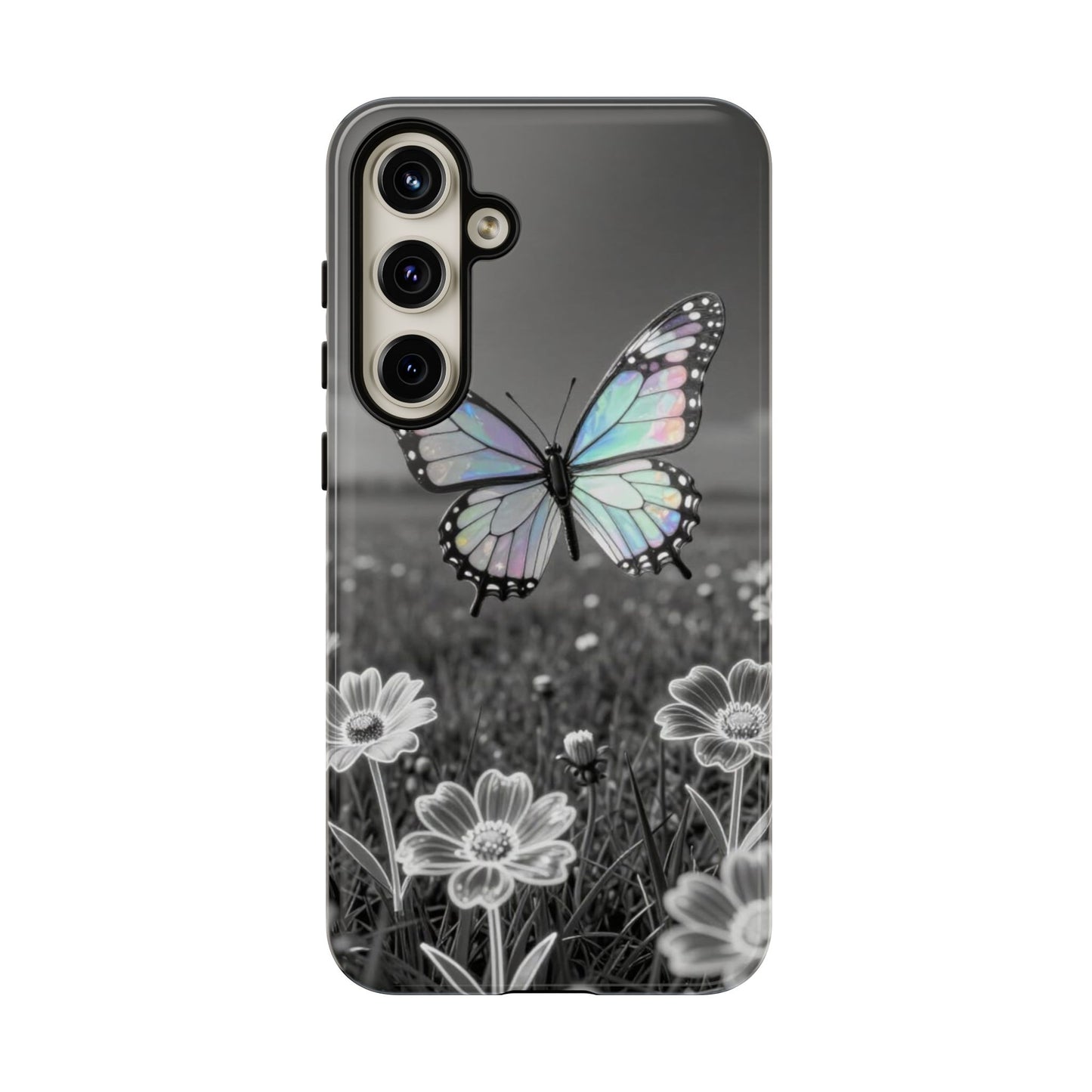 Butterfly Field Tough Phone Case — Pastel Holographic Butterfly on Black & White Floral Background