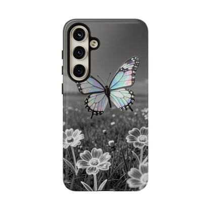 Butterfly Field Tough Phone Case — Pastel Holographic Butterfly on Black & White Floral Background