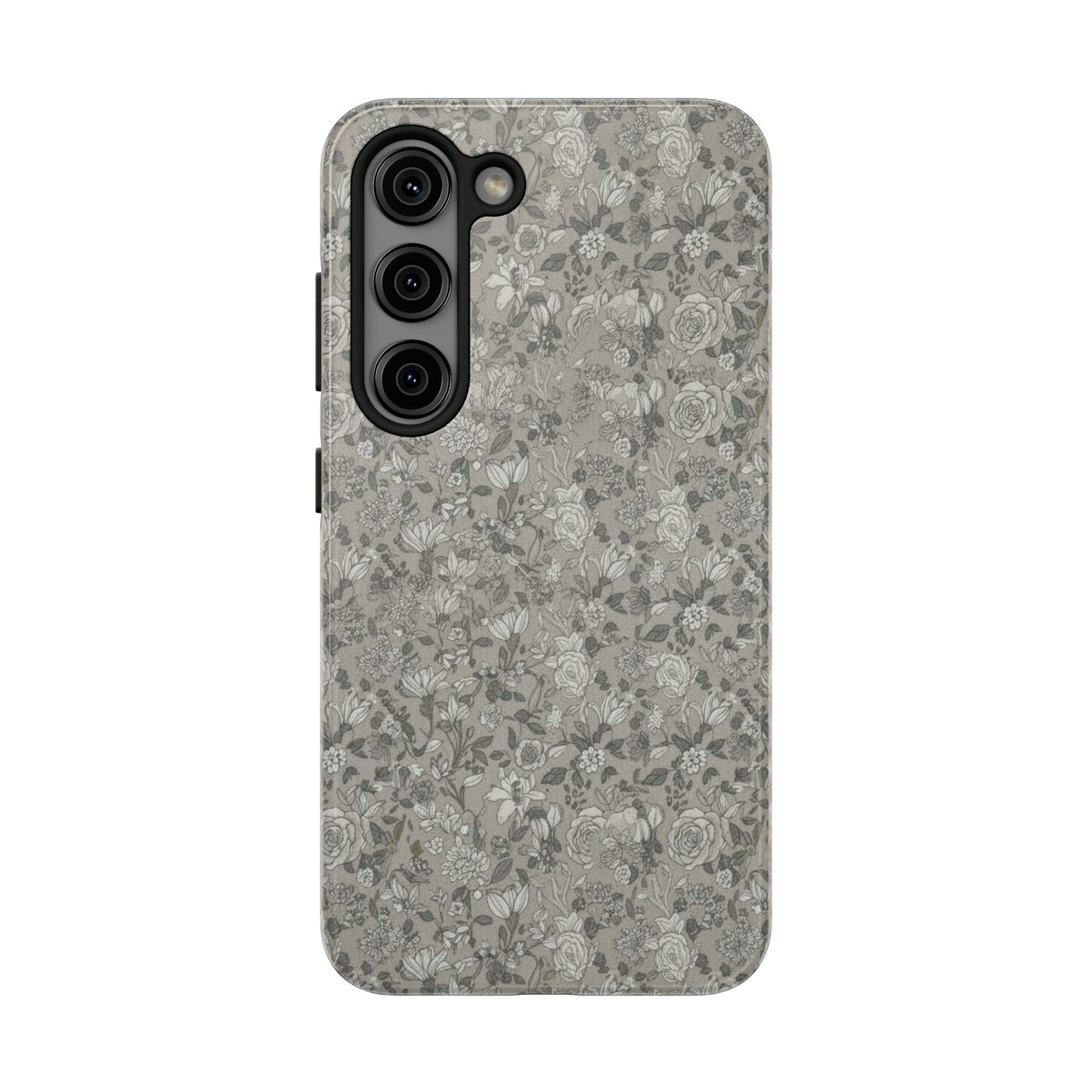 Gray Floral Tough Phone Case — Durable Protective Phone Cover with Vintage Botanical Pattern