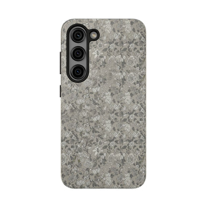Gray Floral Tough Phone Case — Durable Protective Phone Cover with Vintage Botanical Pattern