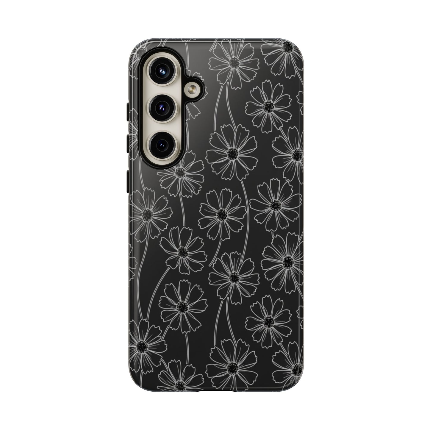 Floral Doodle Tough Phone Case — Black & Gray Daisy Pattern