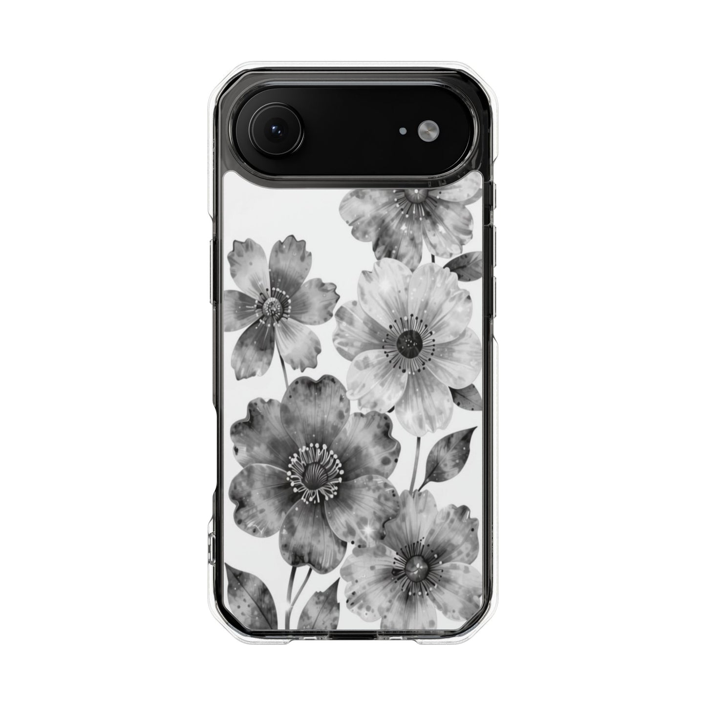 Clear Magnetic Phone Case — Black & White Watercolor Floral Design