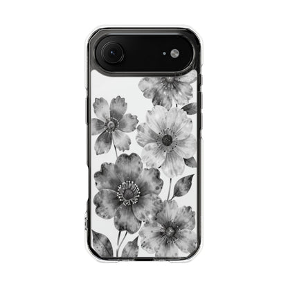 Clear Magnetic Phone Case — Black & White Watercolor Floral Design