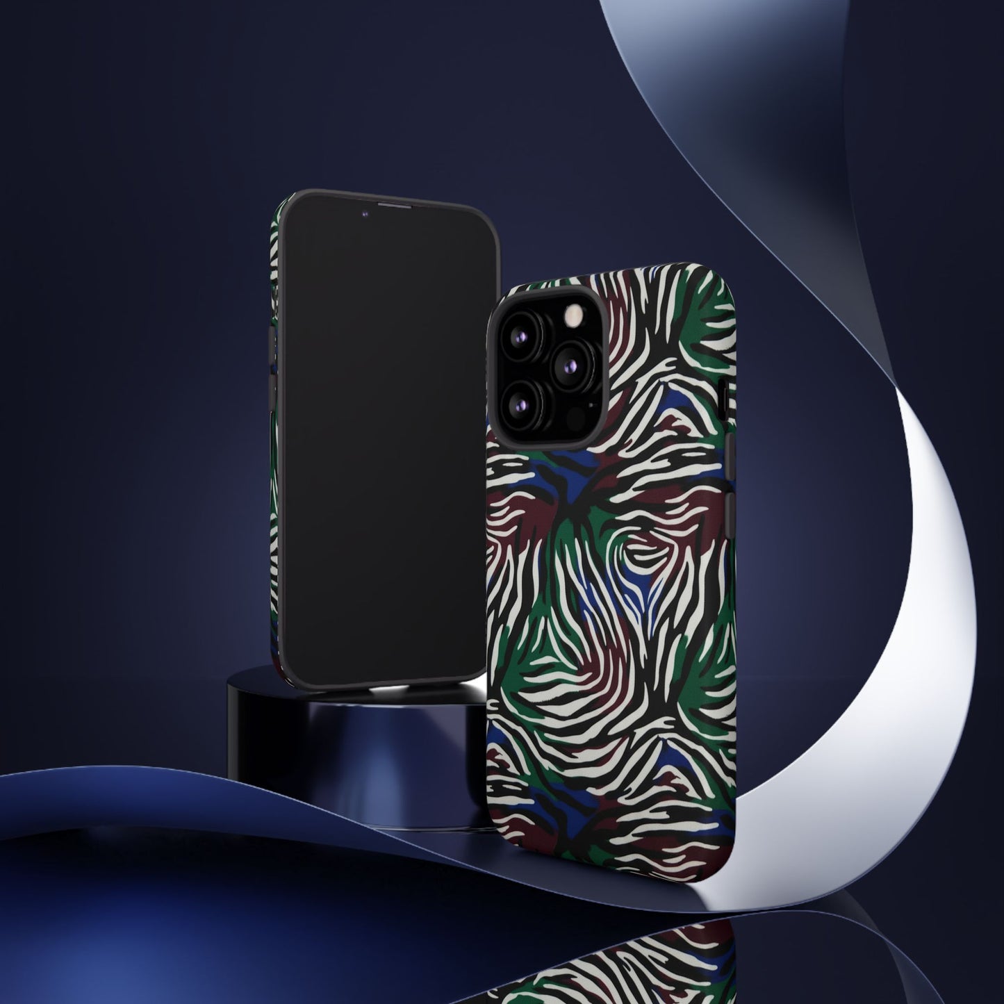 Zebra Camo Tough Phone Case – Green & Blue Animal Print Protective Cover