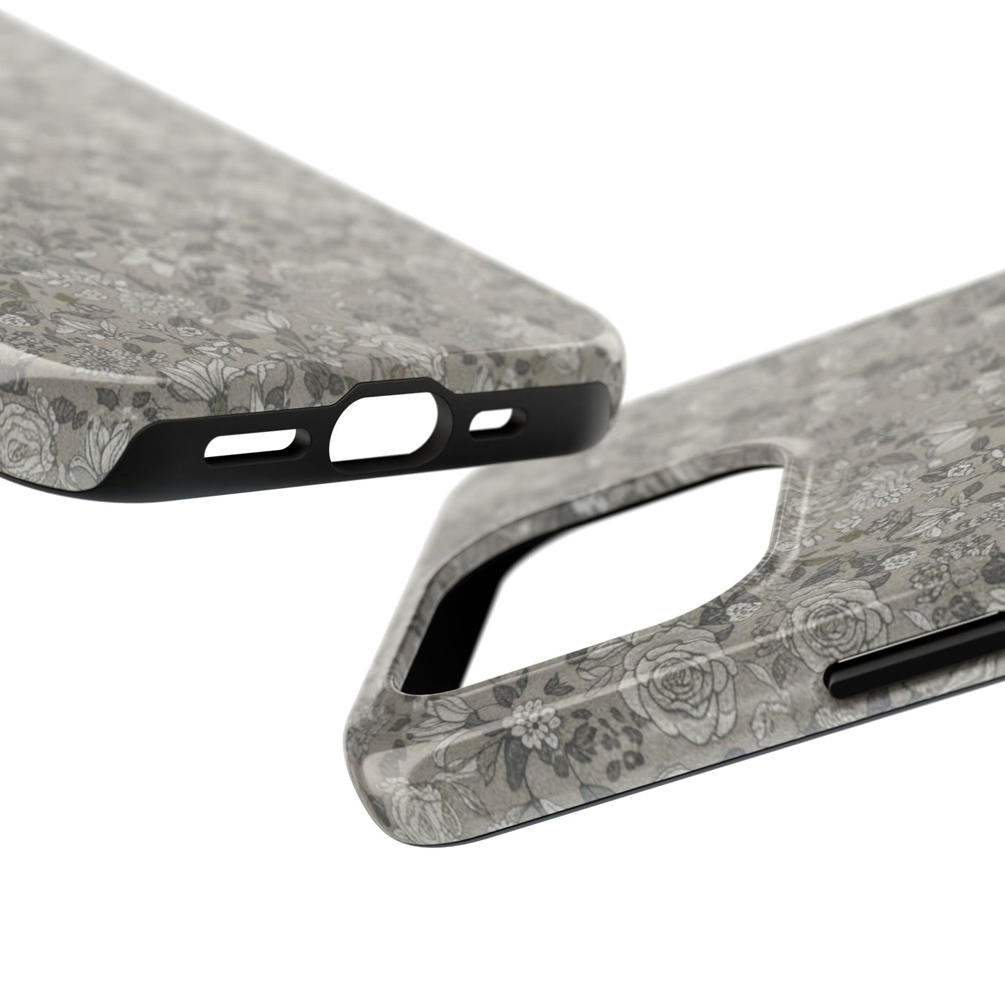 Gray Floral Tough Phone Case — Durable Protective Phone Cover with Vintage Botanical Pattern