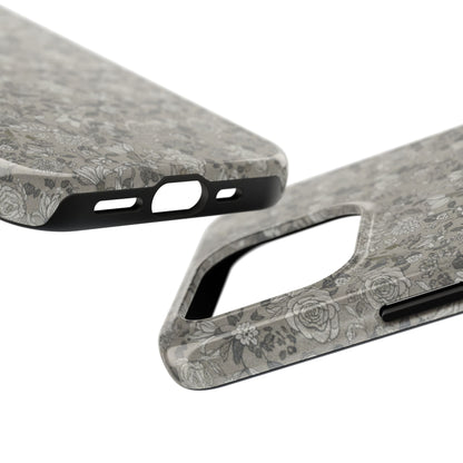 Gray Floral Tough Phone Case — Durable Protective Phone Cover with Vintage Botanical Pattern