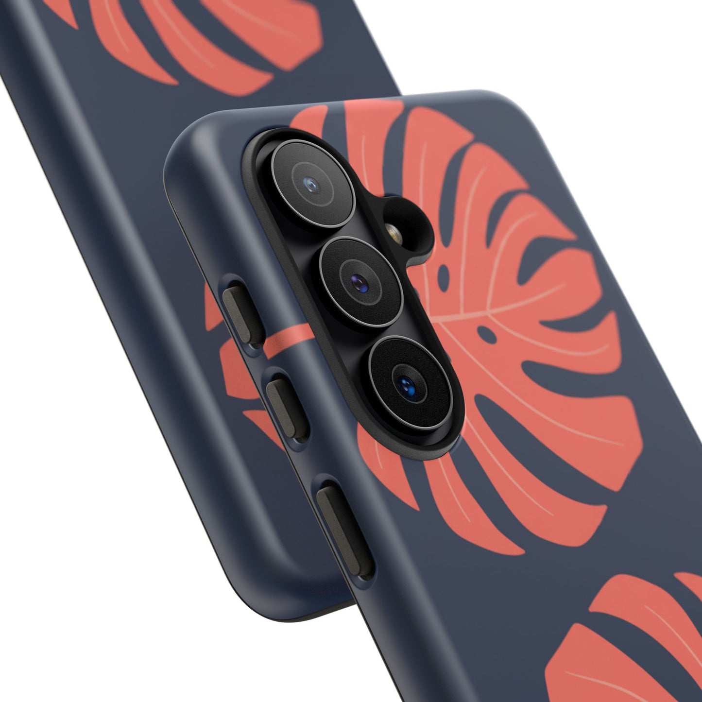 Monstera Leaf Tough Phone Case — Coral Leaves on Navy Protective Cover