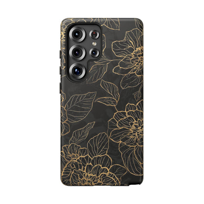 Floral Gold Outline Tough Phone Case – Black Botanical Protective Cover