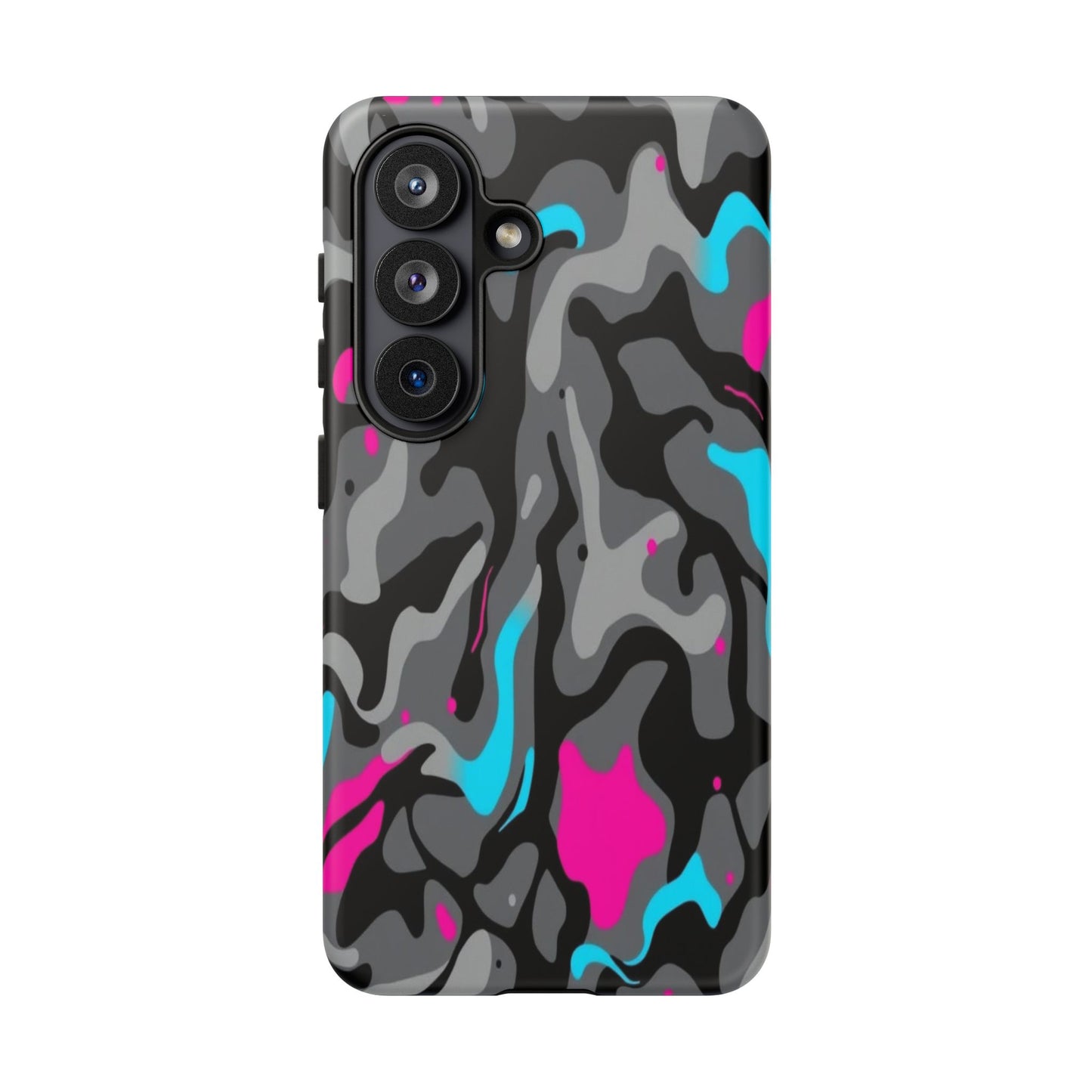 Camouflage Phone Case — Gray Camo with Neon Pink & Cyan Accent Tough Protective Cover