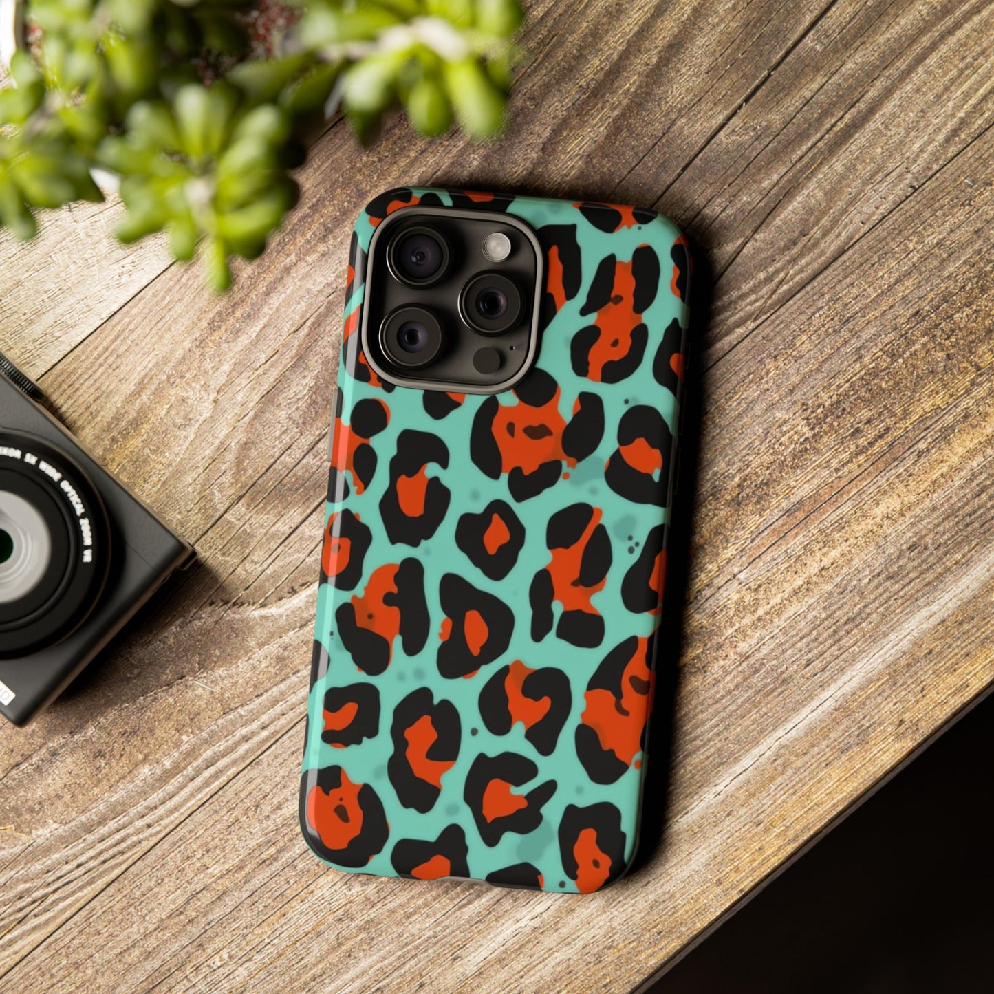 Leopard Print Tough Phone Case — Teal & Rust Protective iPhone Cover
