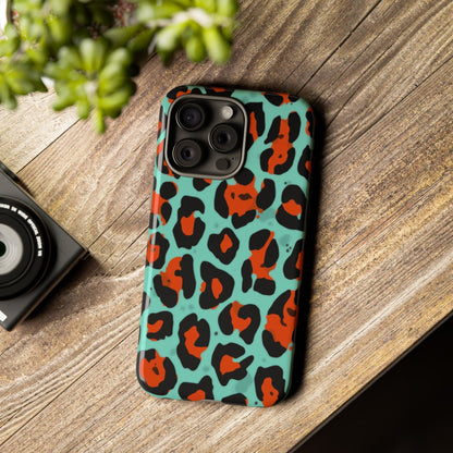 Leopard Print Tough Phone Case — Teal & Rust Protective iPhone Cover