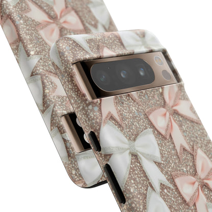 Glitter Bow Tough Phone Case — Pink & White Ribbon Protective Cover