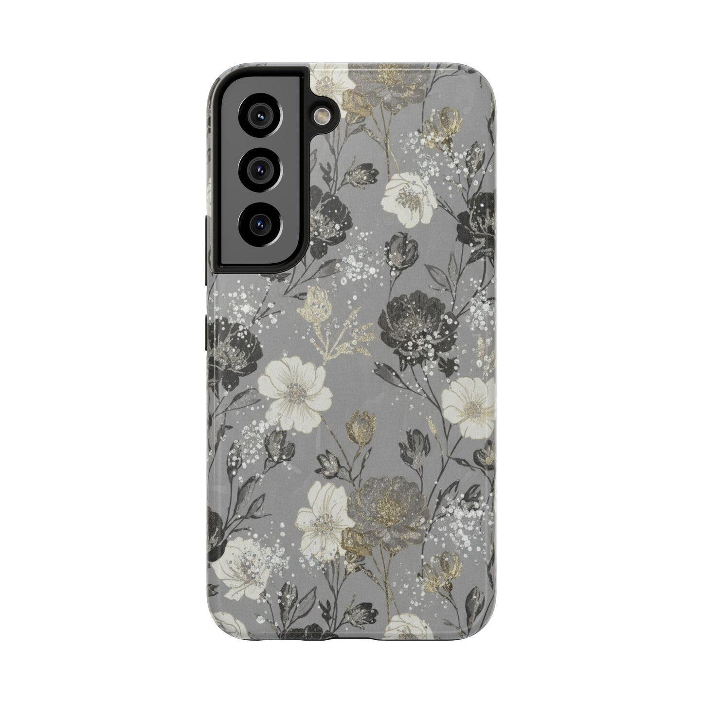 Floral Gray Tough Phone Case — Elegant Protective Phone Cover with Gold Accent