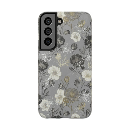 Floral Gray Tough Phone Case — Elegant Protective Phone Cover with Gold Accent