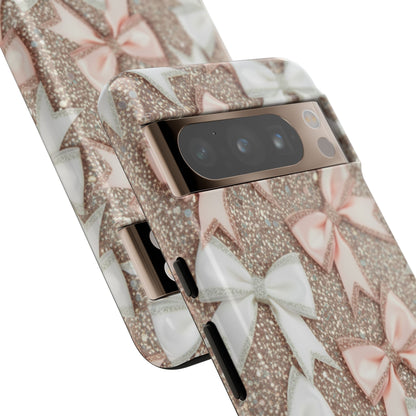 Glitter Bow Tough Phone Case — Pink & White Ribbon Protective Cover