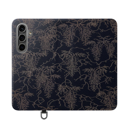 Botanical Noir Flip Phone Case — Dark Floral Wallet Cover with Card Slots