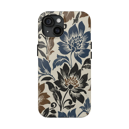 Floral Vintage Tough Phone Case — Blue & Brown Botanical Protection