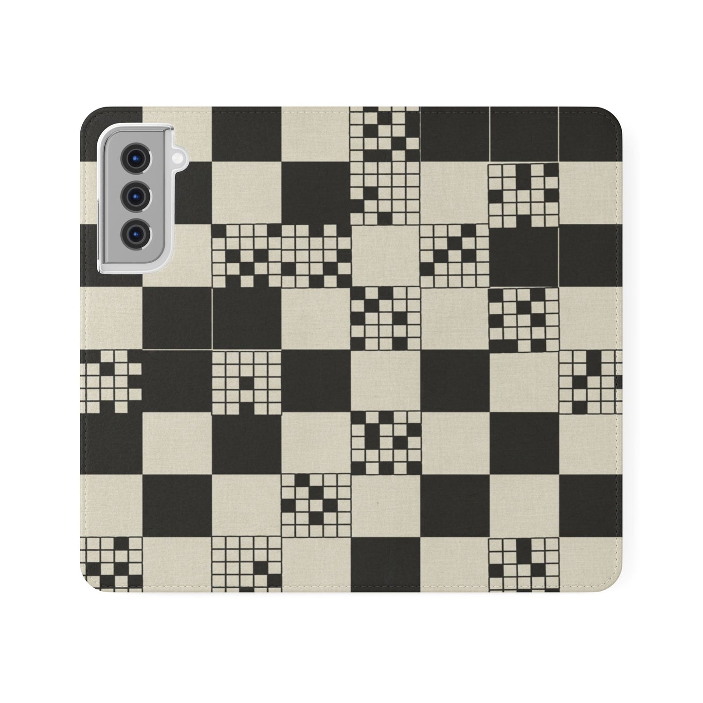 Checkerboard Flip Phone Case – Retro Black & Cream Geometric Wallet Case